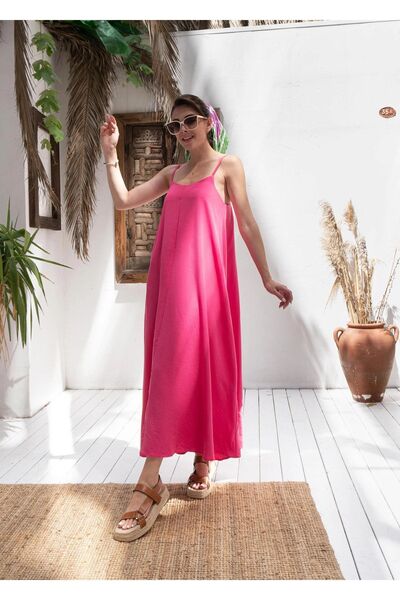 Okyanus Butik Kadın Fuşya Ayarlanabilir İp Askılı Rahat Uzun Elbise