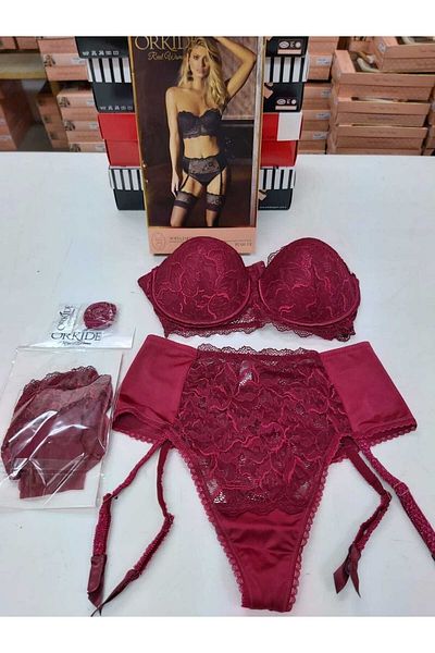 Orkide Burgundy Sofia Flower Patterned Push-up Garter Set