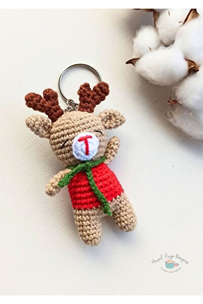 Masal Örgü Dünyası سلسلة مفاتيح على شكل غزال للعام الجديد - سلسلة مفاتيح متخصصة من خيوط الحياكة الطبيعية (9 سم)