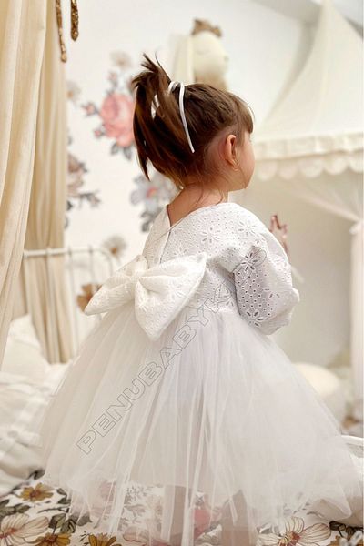 penu baby kids Βρεφικό φόρεμα με μακρυμάνικη φούστα από λευκό χτένι