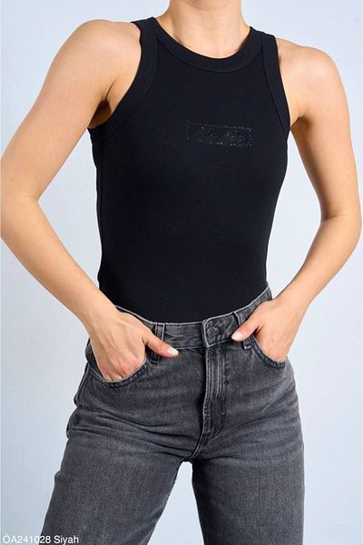 Liora Women's Black Halter Neck Ribbed M Printed Premium Tank Top