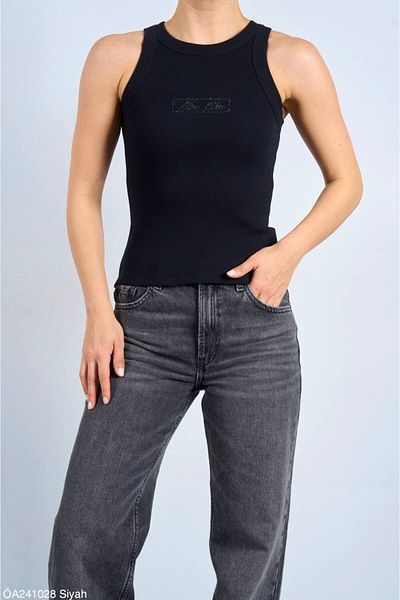 Liora Women's Black Halter Neck Ribbed M Printed Premium Tank Top