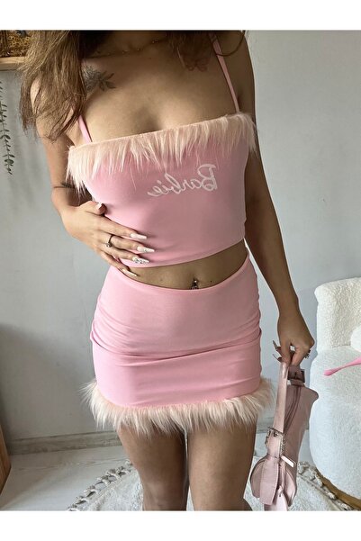 Lolipop Butik Kürk Tüylü Askılı Pembe Barbie Baskılı Crop Etek Takım
