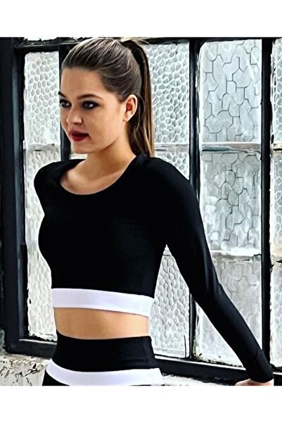 lismina Beli Beyaz Şeritli Siyah Uzun Kollu Spor Tişört ( Sporcu Büstiyer )