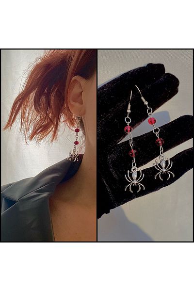 bohemian takı tasarim Burgundy Crystal Bead Spider Earrings