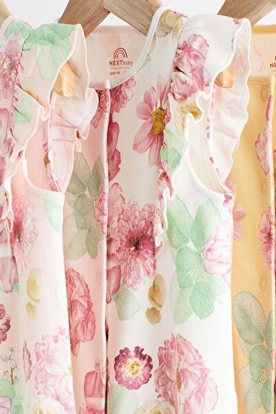 Next Baby 100% Cotton Pink Yellow Rose Pattern 3-Piece Romper Set