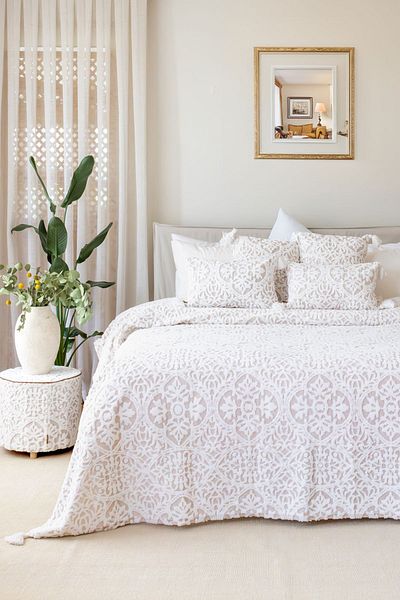HAMUR Beige Bohemian Punch Ponch Patterned Double Bedspread Set