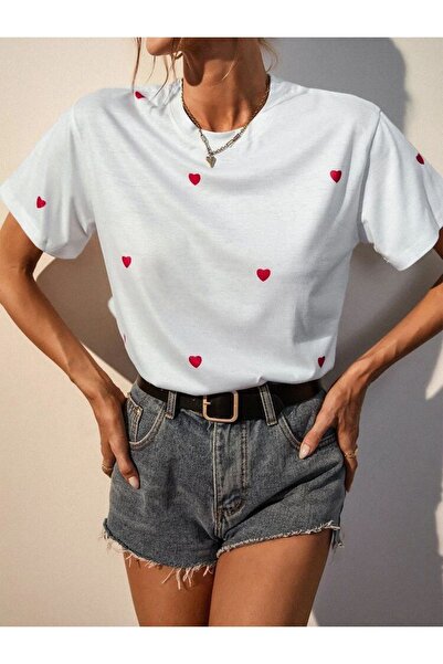 TexKid Mini Kalp Detaylı Beyaz Kısa Kollu Tişört