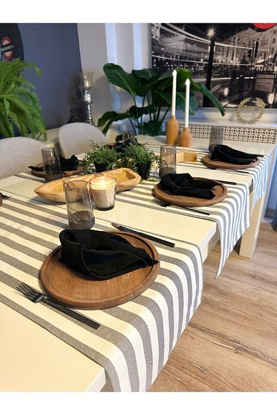 Decamor home Smoke Gray Striped Linen Runner Care Free Stain Resistant
