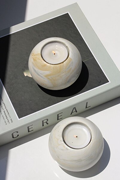 The Craft Thor Mermer Desenli 2'li Beton Tealight Mumluk - Dekoratif ve Şık