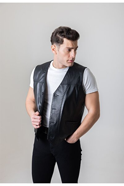 By Motto Erkek Siyah Hakiki Deri Yelek Feliciano