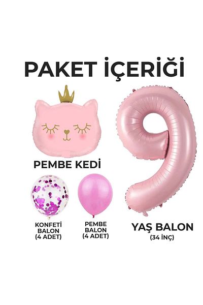Konsept Sepeti Σετ πάρτι γενεθλίων 9 ετών - Ροζ γάτα και μπαλόνι από αλουμινόχαρτο με καραμέλα