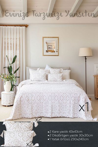 HAMUR Beige Bohemian Punch Ponch Patterned Double Bedspread Set