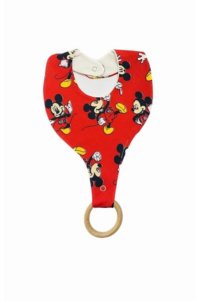 Lumos Trade Pacifier Holder Bib - Red Mickey Patterned 100% Cotton Fabric Pacifier Strap