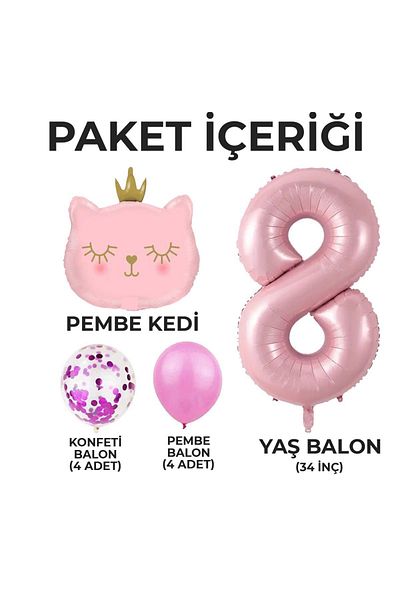 Konsept Sepeti Σετ πάρτι με μπαλόνι με ροζ γάτα και κομφετί για γενέθλια 8 ετών