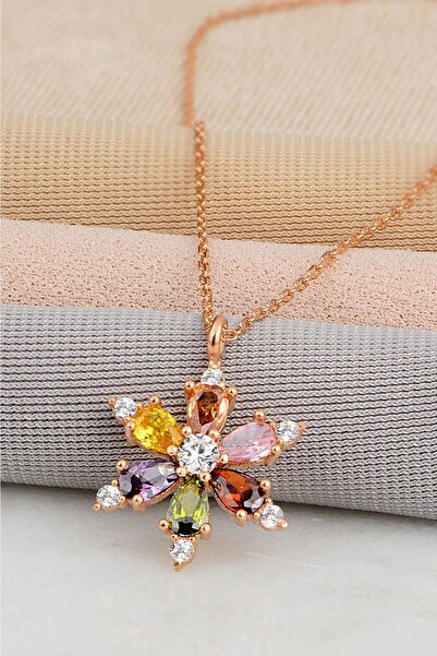 Bilsen Store 925 Ayar Gümüş Zincirli Rose Kaplama Miks Damla Taşlı Lotus Kamelya Çiçeği Kolye
