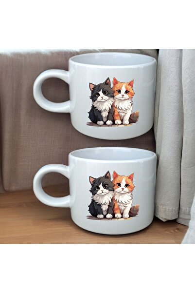 D&Y GAUDERY Tatlı Kedi Desenli Porselen  Kahve Fincanı Seti Kalite 2'li Kupa ...
