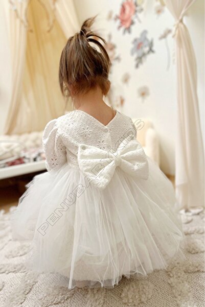 penu baby kids Beyaz Fistolu Tütü Etekli Uzun Kol Kız Bebek Elbise - Tuana