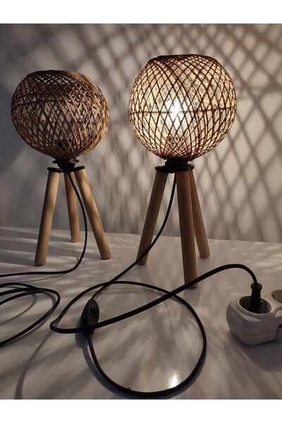 Genel Markalar Didim Trend Ahşap Üç Ayak Jüt Başlık 2li Abajur