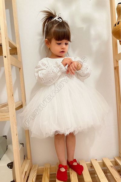penu baby kids White Scalloped Tutu Skirt Long Sleeve Baby Girl Dress - Tuana