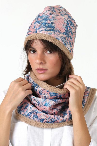 HAMUR Beige Women's Beret and Neck Collar Set of 2 Salmon Plush Wellsoft Bb-096