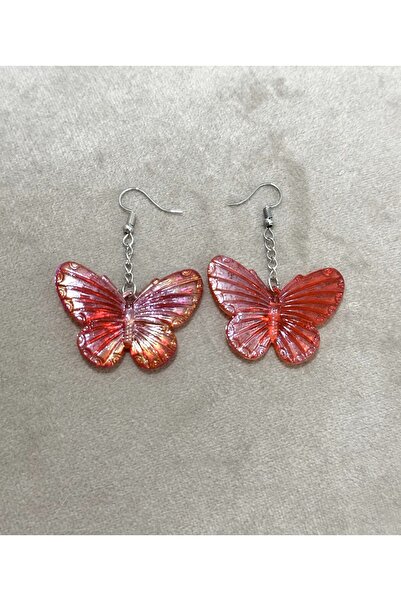 sleyshop Kırmızı Renk Hologramlı Kelebek Küpe