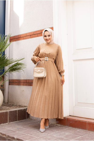 Sfg Life Moda Λινό Πλισέ Φόρεμα - Λαιμόκοψη, Ελαστικό μανίκι και Λεπτομέρεια ζώνης