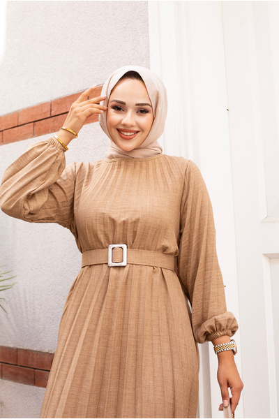 Sfg Life Moda Λινό Πλισέ Φόρεμα - Λαιμόκοψη, Ελαστικό μανίκι και Λεπτομέρεια ζώνης