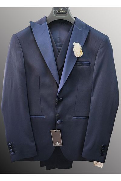 crispino Navy Blue Men's Tuxedo Suit - Groom Suit Jacket, Trousers and Vest