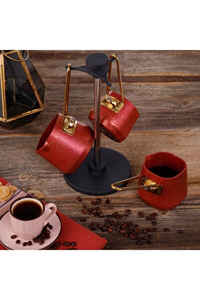 Evren 4 Parça Red Kare Cezve Seti (200-400-600 ml Cezve + Stant)