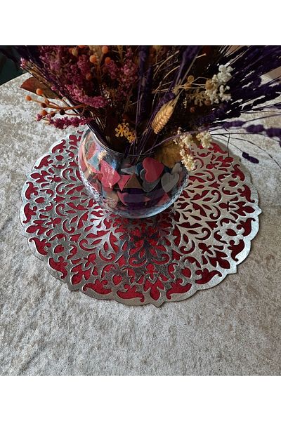SEHARA Velvet/leather Embroidered/coffee table-tablecloth/faux Leather/46cm Round/burgundy-silver