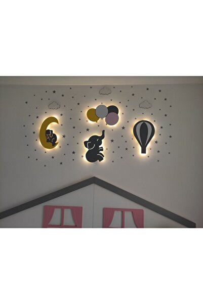 ARSERGROUP Çocuk Odası Dekoratif Ahşap Filli Ay Balonlar Ve Fil Gece Lambası ...
