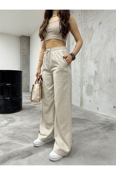 BİKELİFE Damenhose aus Leinen mit Gummibund und hoher Taille und lockerer Passform