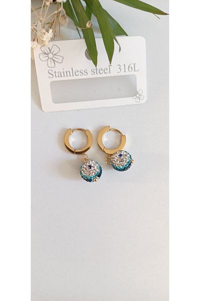 Feride Elegant Evil Eye Bead Detailed Steel Earrings - Women's 316L Guaranteed Set of 2
