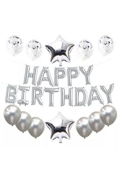 DÜVENCİ TİCARET Happy Birthday Silver Foil Balloon Set