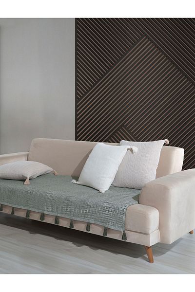 Lux Touch 115x200 см Калъф за диван в цвят каки - Lavi Pompom, Диван, Разтегателен диван, Фотьойл, Шал с пискюли