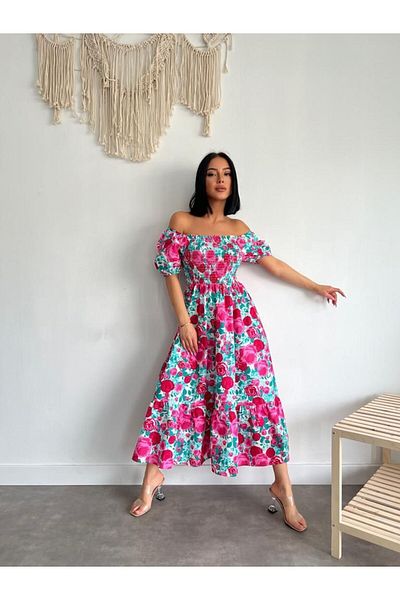 S&A Collectionn Γυναικείο φλοράλ φόρεμα με γιακά Madonna με ελαστική μέση μέχρι το γόνατο
