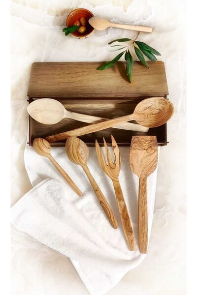 TROYAN 1868 Handmade 7-Piece Olive and Boxwood Wooden Spoon Fork Set in Gift Wooden Box