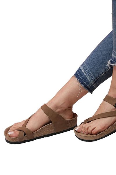 Pomidik Γυναικείες καλοκαιρινές σαγιονάρες Nubuck σε καφέ χρώμα