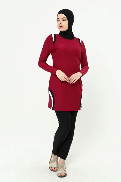 Ranuna 2315 Water Repellent Solid Color Hijab Swimsuit Claret Red