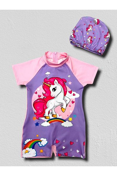 Pijamayo Short Sleeve Full Body Girls and Baby Swimsuit Cap Set - Beach Sea Clothing