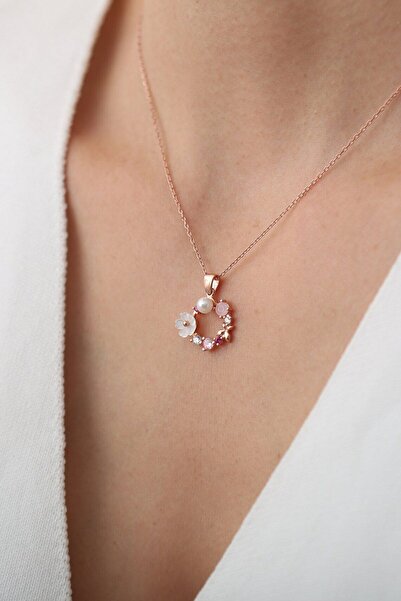Sahira Jewelry Orkide ve Renkli Taşlı 14 K Rose Altın Kaplama Kadın Kolye