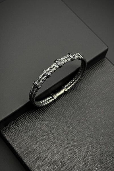 FRNCH 925 Ayar Gümüş İtalyan Model Zirkon Taşlı Füme Renk Erkek Bileklik FRJ1...