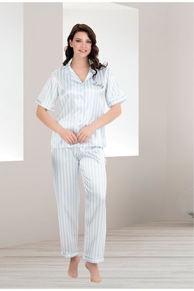 Lady Lingerie Set de pijamale cu mânecă scurtă din satin cu dungi albastre