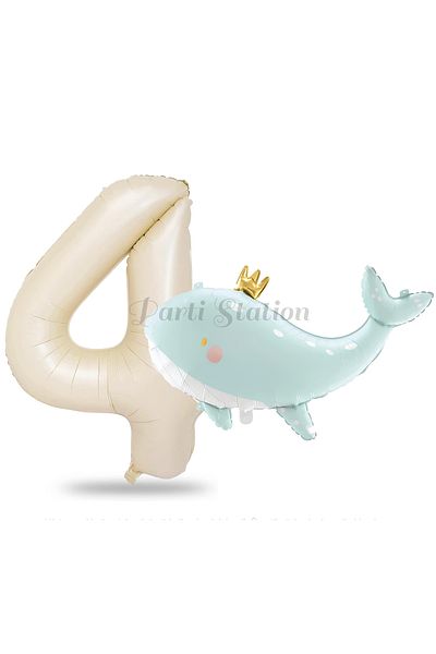 Parti Station 4 Year Old Green Cute Whale Set - Sea and Ocean Creatures, Concept Balloon and Cream Number Balloon
