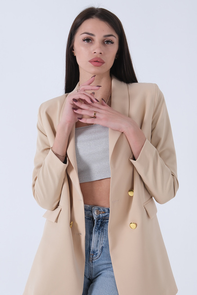 Feminist Şal Yaka Gold Metal Düğmeli Tek Ceket Taş 0105137