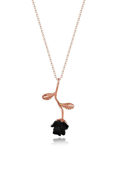 Sahira Jewelry Gül Motifli Siyah Taşlı 14 K Rose Gold Kaplama Kadın Kolye