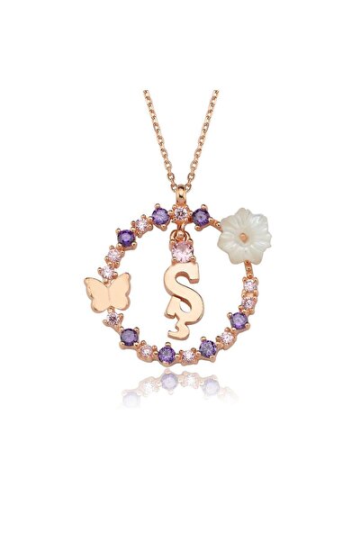 Sahira Jewelry Manolya Çiçeği Düşler Işıltısı 14K Rose Gold Ş Harfi Kadın Kolye