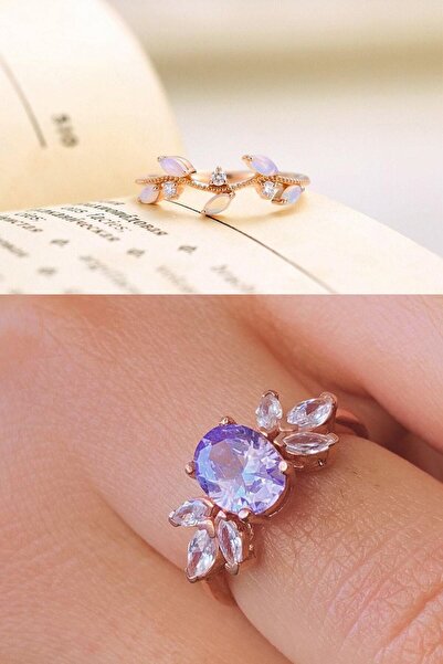 Sahira Jewelry Taşlı Sarmaşık Ve Lila Taş 2li Set 14 K Rose Altın Kaplama Yüzük