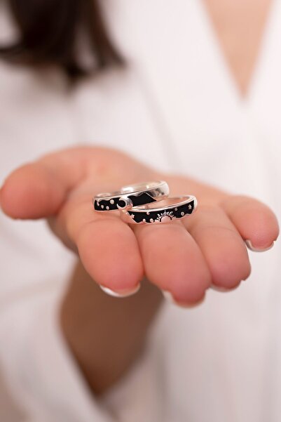 Sahira Jewelry Ay-Güneş Motifli Gümüş Kaplama Ayarlanabilir Çift Alyans Yüzük